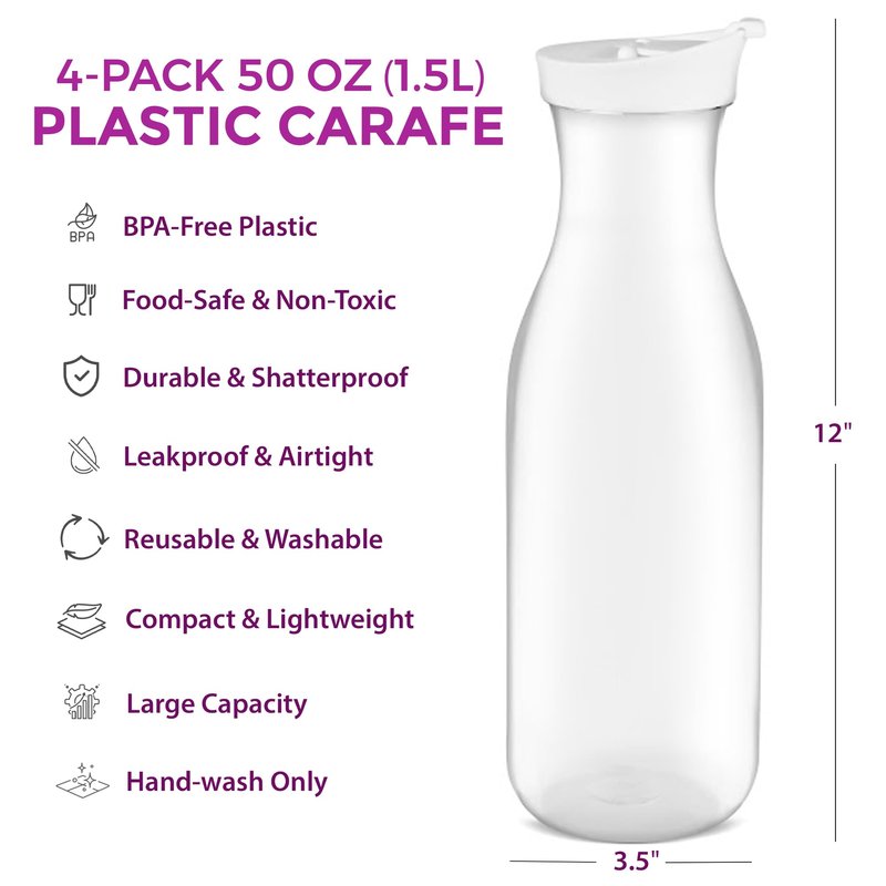 DilaBee Plastic Pitcher With Lid (4-Pack 50oz) Round Plastic Beverage Dispenser for Water, Milk, & Lemonade - Water Pitchers, Carafes for Mimosa Bar - Clear Drink Dispenser BPA-Free - HAND-WASH ONLY