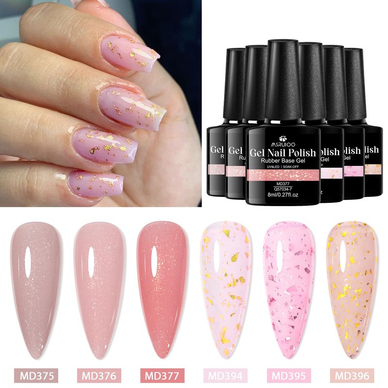 MSRUIOO 6Pcs Rubber Base Gel Nail Polish Set Pink Gold Foil Builder Base Gel Nude Brown Extension Gel for Nails at Home Salon DIY Beginner