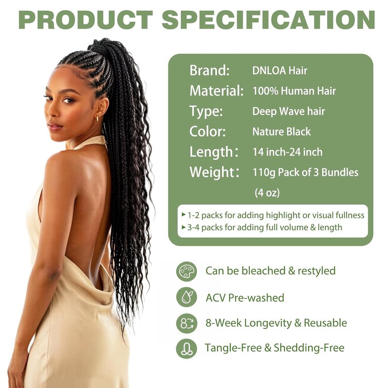 Human Braiding Hair for Boho Braids, 14 Inch 100% 12A Deep Wave Boho Hair for Braiding 3 Bundles/Pack Bohemian Bulk Human hair No Weft Extensions for Braid with Curly Ends 110g Natural Black