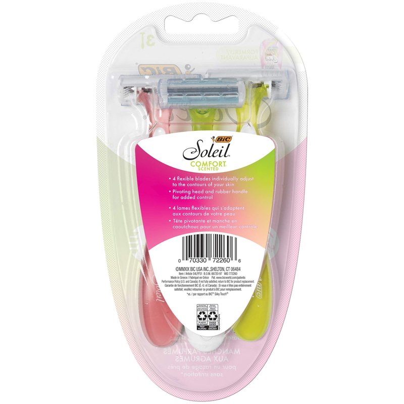 BIC Soleil Comfort Scented Disposable Razors for Women, Sensitive Skin Razor with Aloe Vera and VItamin E Lubricating Strip and 4 Blades, 3 Piece Razor Set