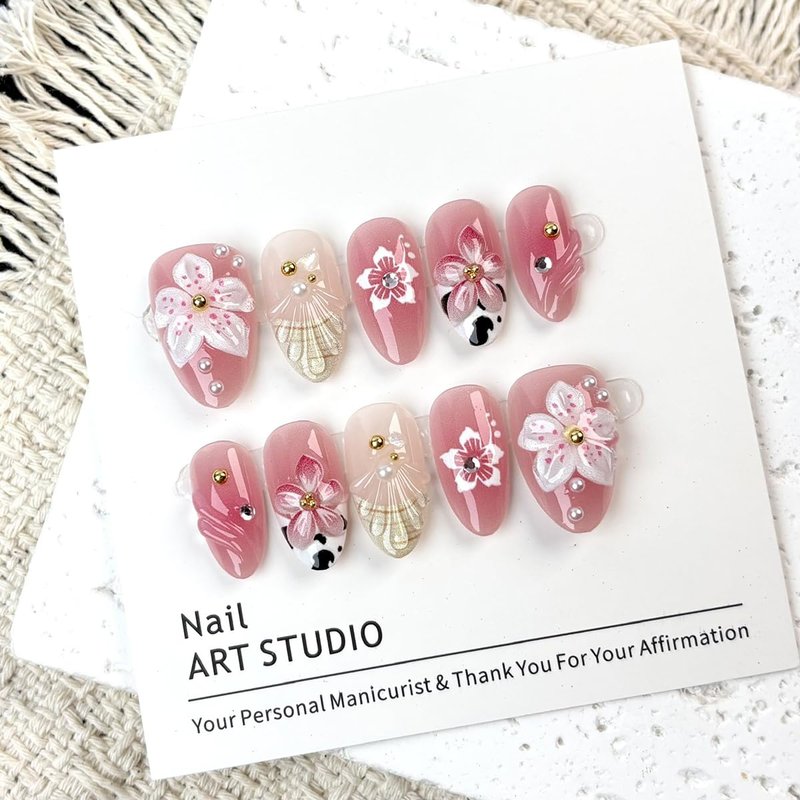 French Tip Press On Nails Pink Cherry Blossom - 3D Floral Almond Fake Nails with Cow Print, Pearl & Rhinestone, Reusable Glitter False Nails for Women Wedding Party Daily (30PCS)