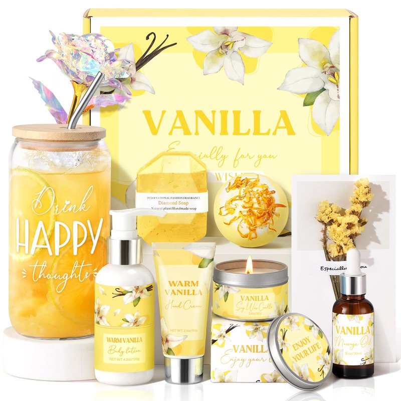 Birthday Gifts for Women, Relaxing Spa Gift Baskets for Women, Warm Vanilla Self Care Package Gifts, Mothers Day Bath and Body Inspirational Gift Set for Mom, Her, Wife, Best Friend, Sister, Coworker