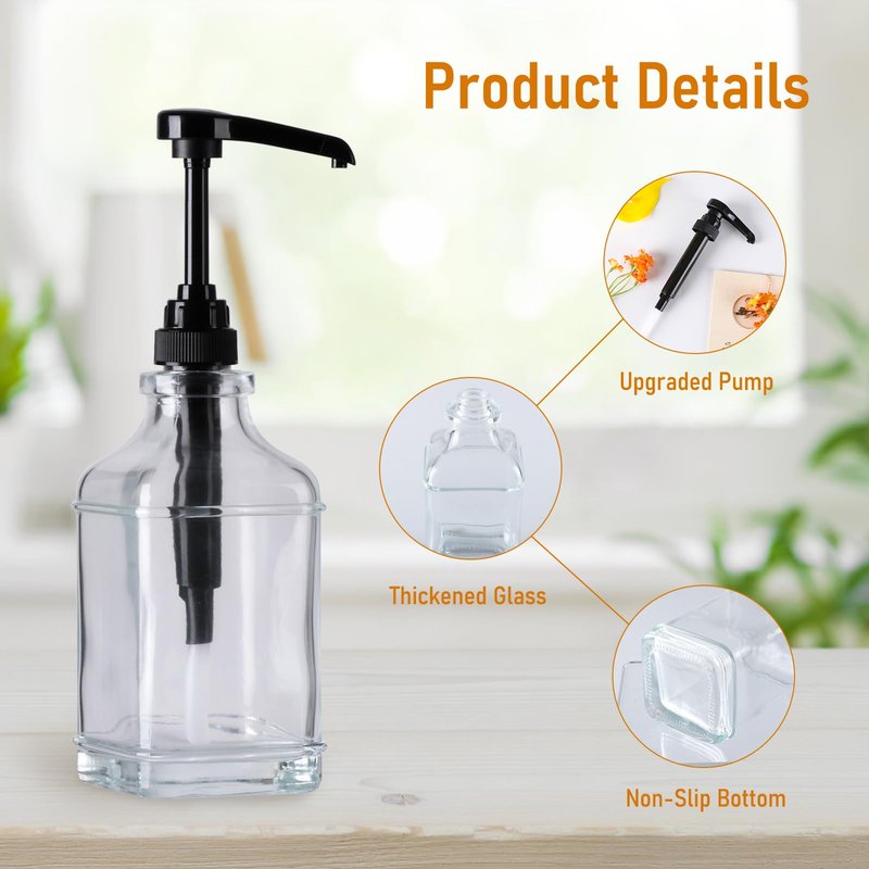 Alotpower 2-Pack 16oz Glass Coffee Syrup Dispenser Bottles, Empty Square Dispenser for Coffee Bar with 1/4oz Pump - Kit Includes 36 Labels & Marker