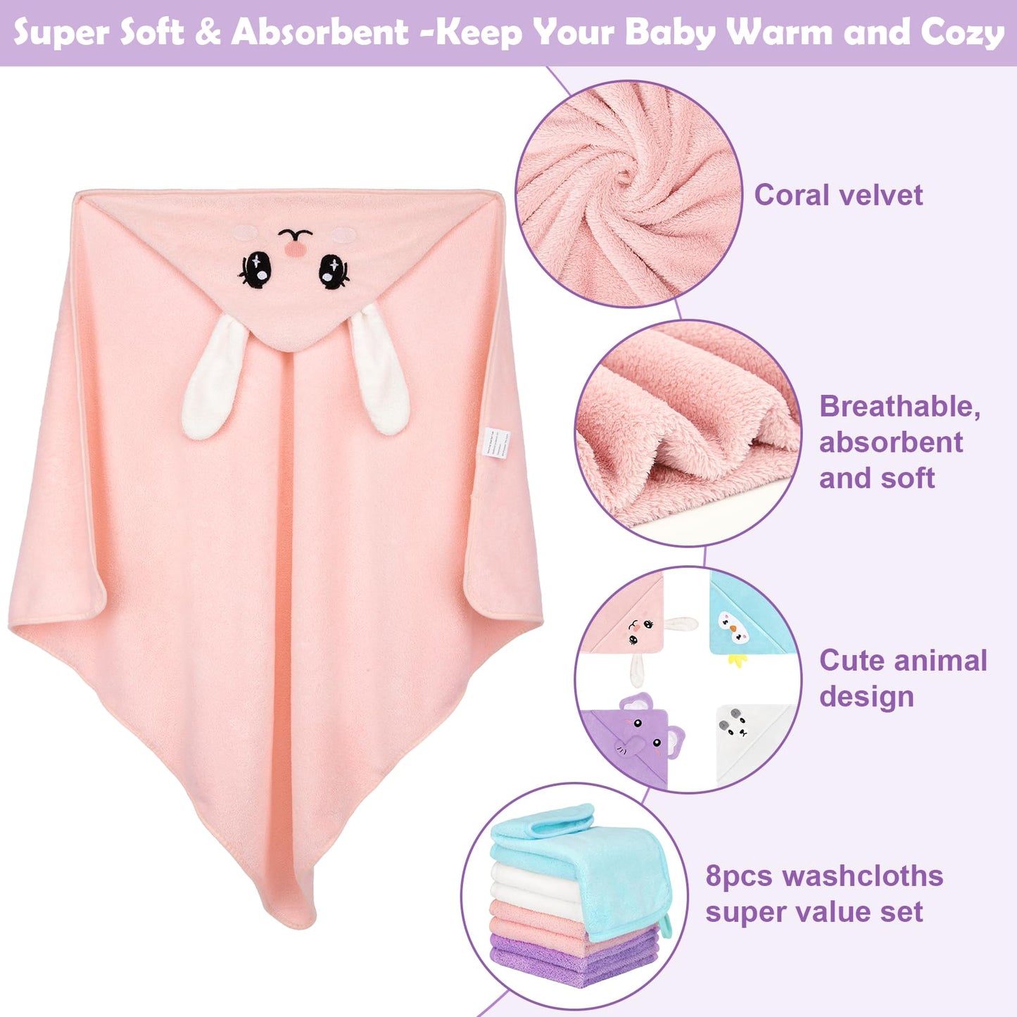 CandyHome 12 PCS Baby Bath Towels Set for Infants Toddlers, 4 PCS Animal Hooded Baby Towels & 8 PCS Washcloths Set, Ultra Absorbent Newborn Bath Essentials Gifts for Boys & Girls