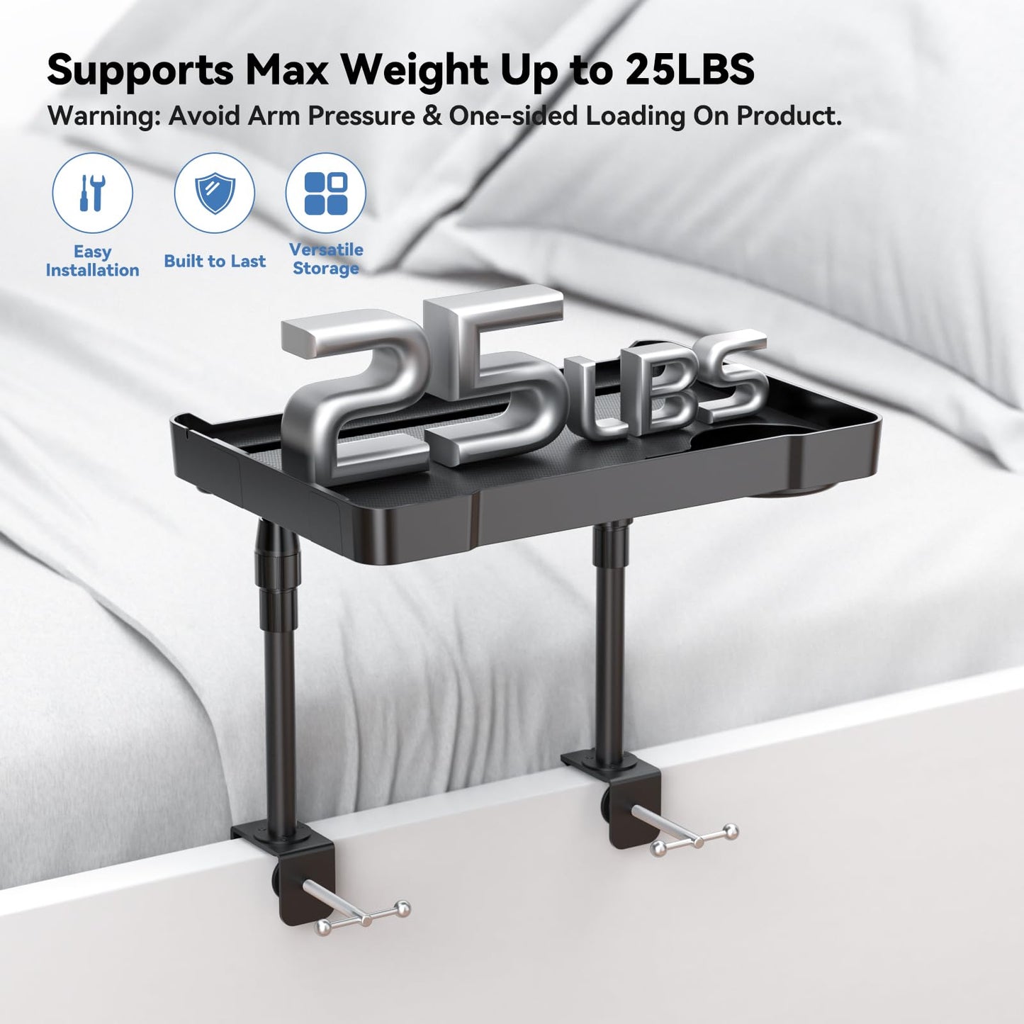 Bedside Shelf Bunk Bed Shelf for Top Bunk 15’’ Clip On Bedside Tray Adjustable Height Attachable Bedside Table Dorm Bedside Table for Loft Bed Dorm Room with Cup Holder & 3 Retractable Hooks Black
