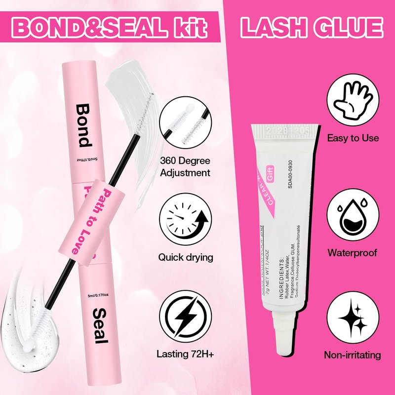 Path to Love Lash Cluster Glue Set - 150H Strong Hold Waterproof Adhesive Eyelash Glue,Bond & Seal 2x5ml+5ml + 1x0.24oz Lash Glue for DIY Cluster Lashes, Home Use, Beginners & Pros (White, 3-Pack)