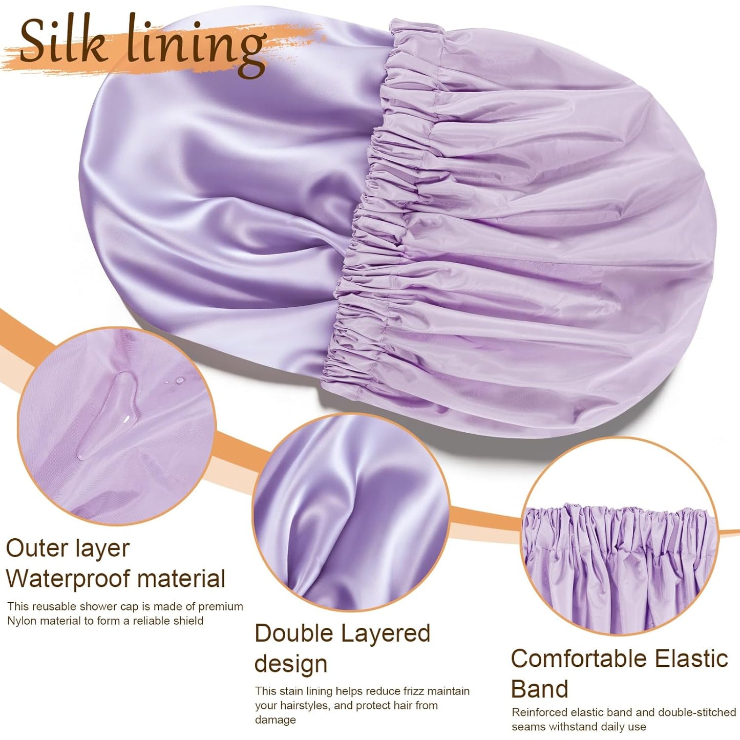 Skiennix Shower Cap - Reusable Waterproof Satin Lined Design | Large Purple Bath Cap with Soft Elastic Band