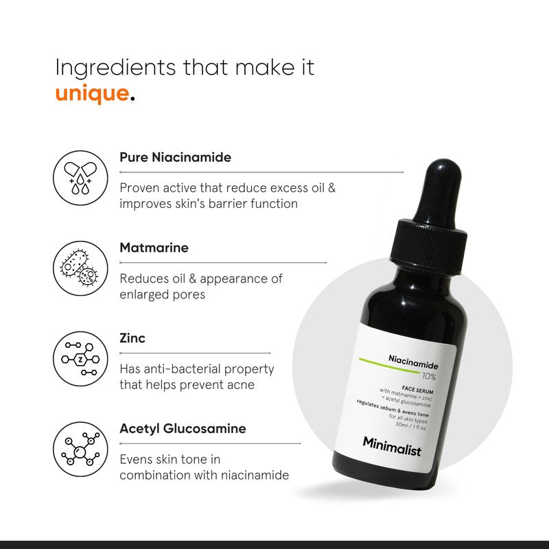 Niacinamide 10% Face Serum | Minimalist Serum Reduces Pores, Acne Marks & Oil | Reduces Blemishes for Even Skin Tone | For Women & Men | 1 Fl Oz / 30 ml