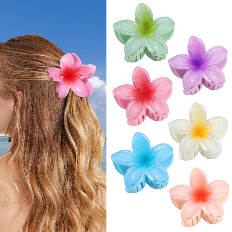 CHANDAT Flower Hair Clips 6 PCS Hawaiian Claw Clips for Vacation Hibiscus Hair Claw Clips Cute Large Hair Clips for Thick and Thin Hair Plumeria Hair Accessories for Women Girls - Hawai