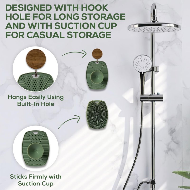 LauTus1 Silicone Body Scrubber — Suction Cup Mount & Hook, Gentle Exfoliating Shower Brush, Soft Loofah Alternative for Men, Women & All Skin Types — Sage Green