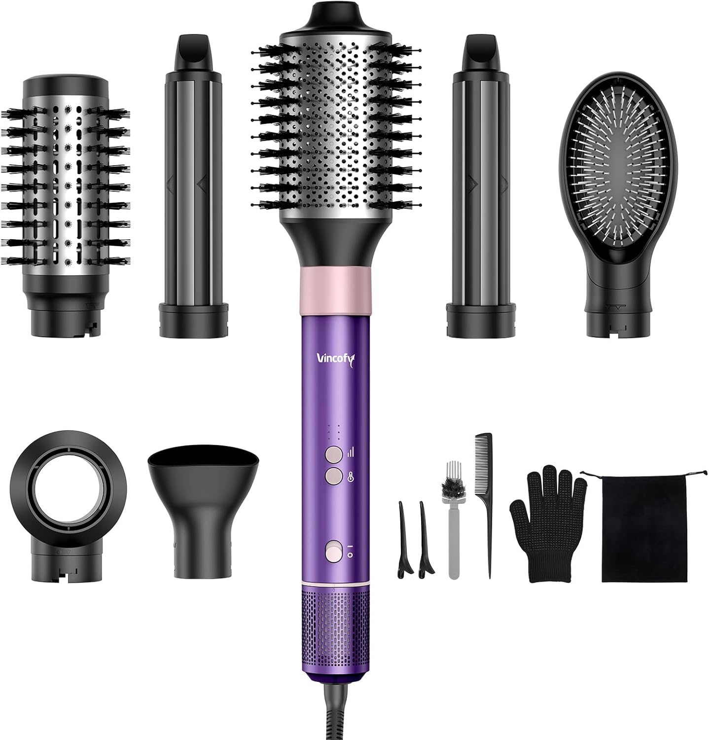 Vincofy 7-in-1 Blow Dryer Brush Set - Ionic Hot Air Styler for Fast Drying & Curling - 1500W Power in Lilac