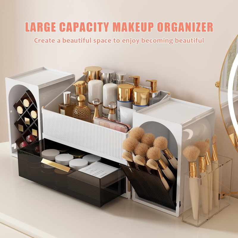 DINMPB Large Makeup Organizer for Vanity with Brush Holder and Lipstick Display Stand, Countertop Cosmetic Storage with Drawer for Skincare, Nail Polish, Perfume and Eyeshadow Palettes