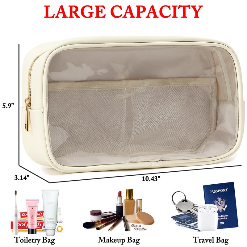 Fammart Clear Makeup Bag with 2 Customizable Chenille Letters - Waterproof PU Leather Cosmetic Case, Large Personalized Toiletry Pouch for Women & Teens, Ideal for Travel & Gift