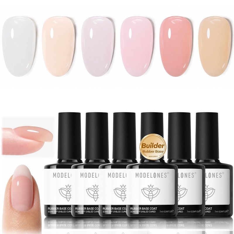 modelones Rubber Base Builder Nail Gel Polish, 6 French Tip Base Color Nude White Baby Milky Pink Strengthener Apex Building Extension Protect Weak Nails Long Last U V Manicure Gift for Women