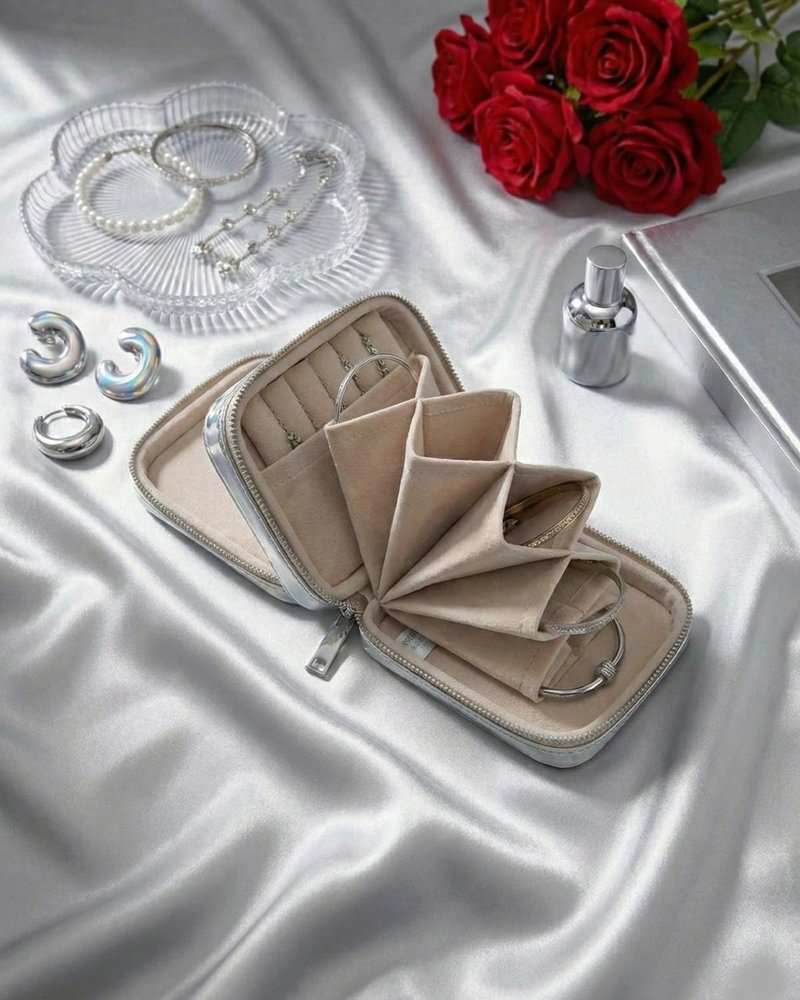 Jewelry Organizer Travel Case - Open Flat Design | No Tangle Pouch for Earrings, Necklaces, Rings & Bracelets - Silver