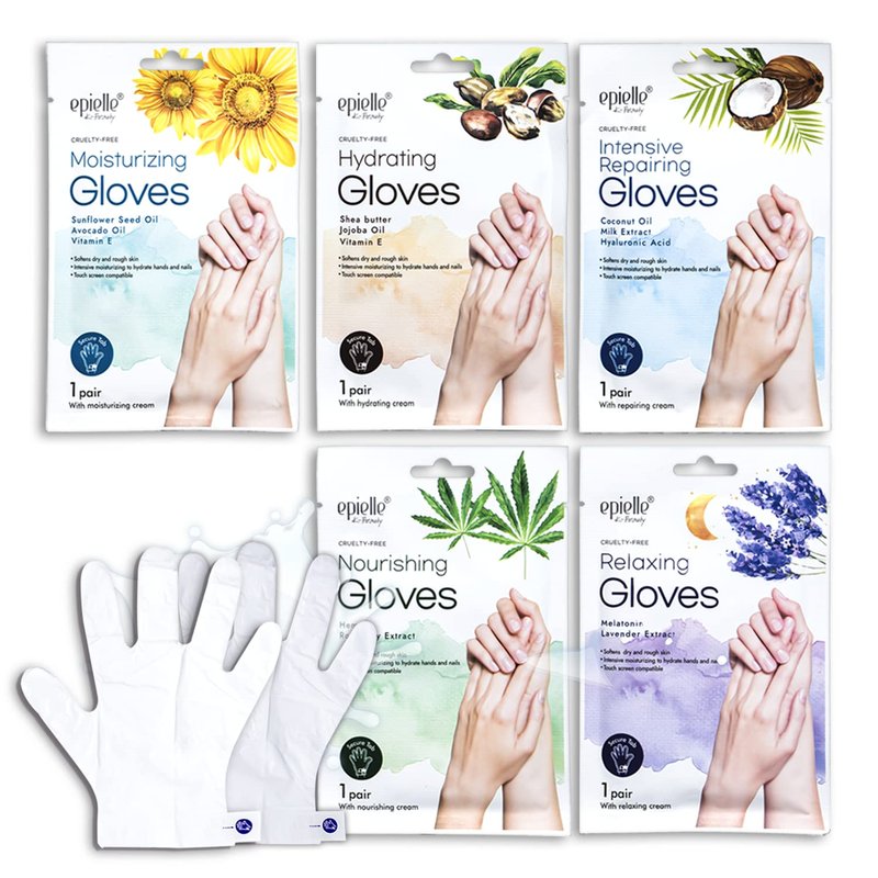 Epielle Hand Mask Set - Deep Moisturizing Gloves with Shea Butter for Dry Skin | 5 Pairs Spa Gift