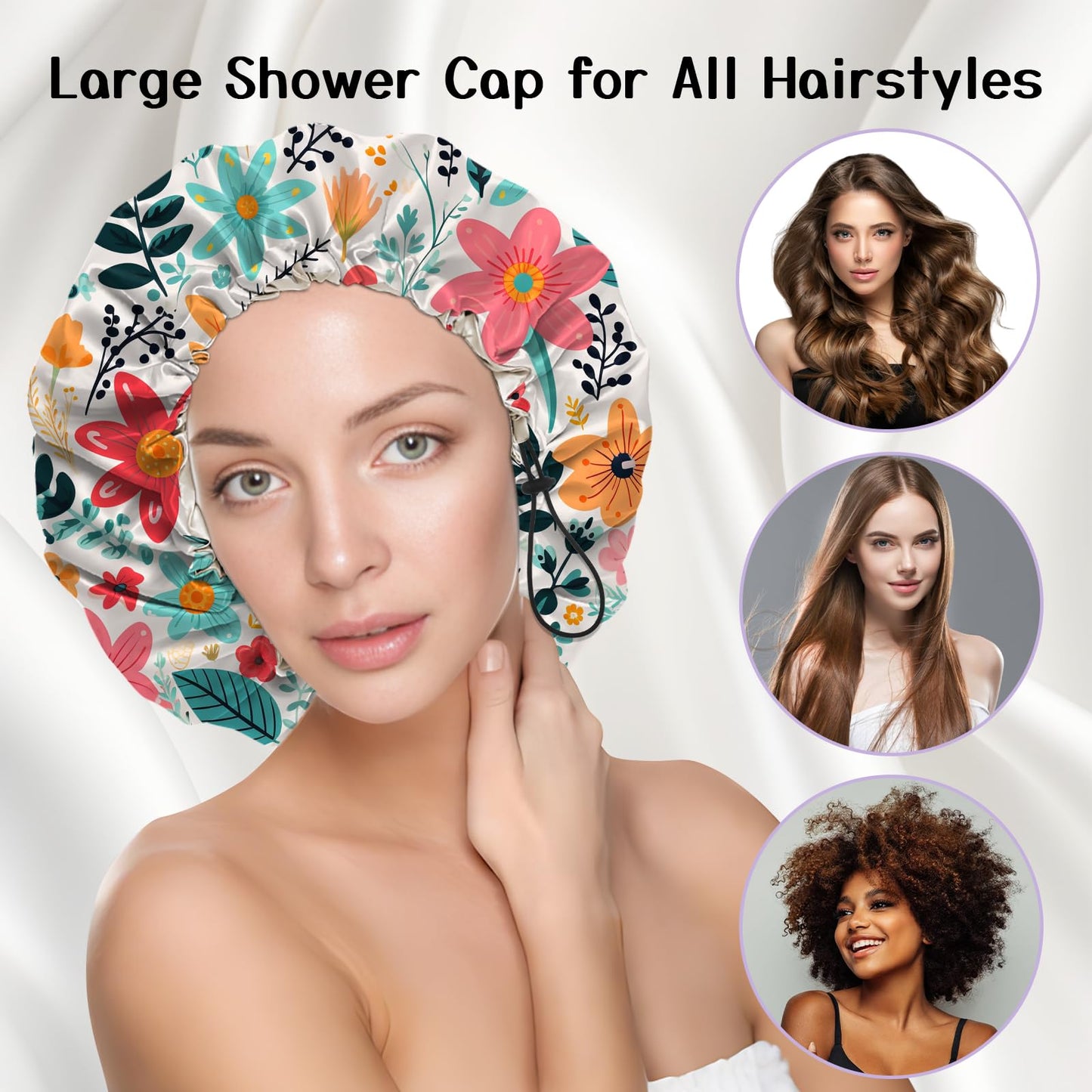 Deokke Luxury Shower Cap Silk Satin Lined Waterproof Reusable Adjustable Elastic Dry Hair Bathing Caps Cute for Women Girls-Red Flower
