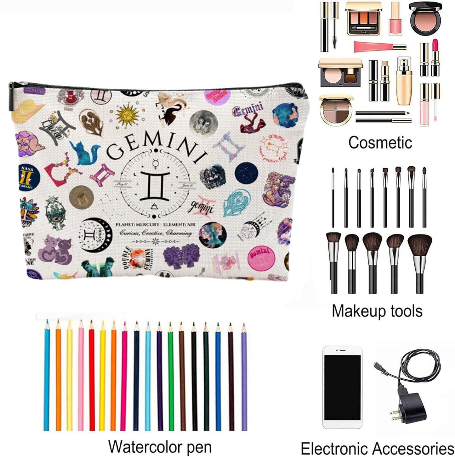 XYZONE Gemini Gifts for Women, Gemini Cosmetic Bag, June Birthday Gifts, Zodiac Themed Travel Makeup Bags