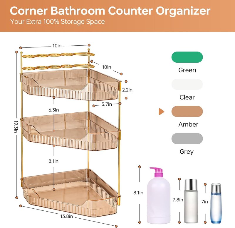 Corner Bathroom Counter Organizer - Acrylic Makeup & Toothbrush Holder | 3-Tier Amber Skincare Storage