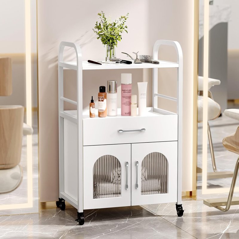 OmySalon Salon Trolley Cart - Esthetician Mobile Storage Station with Drawer & Tray | White