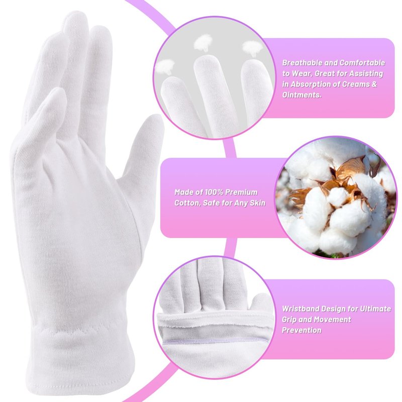 Selizo 12 Pairs 100% White Cotton Gloves for Eczema, Moisturizing Gloves for Dry Hands Overnight Women, Moisture Sleeping Spa Lotion Hand Cream Gloves for Eczema Dry Cracked Hands Sensitive Skin