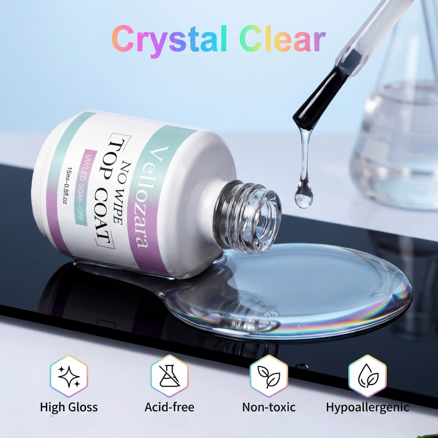 Vellozara Gel Top Coat Nail Polish, No Wipe Gel Top Coat, Clear Color Nail Polish Shine Finish and Long Lasting, Salon Quality Art Design for Home Use Beauty, Need U V/LED Lamp, for Girls Gift 15ml