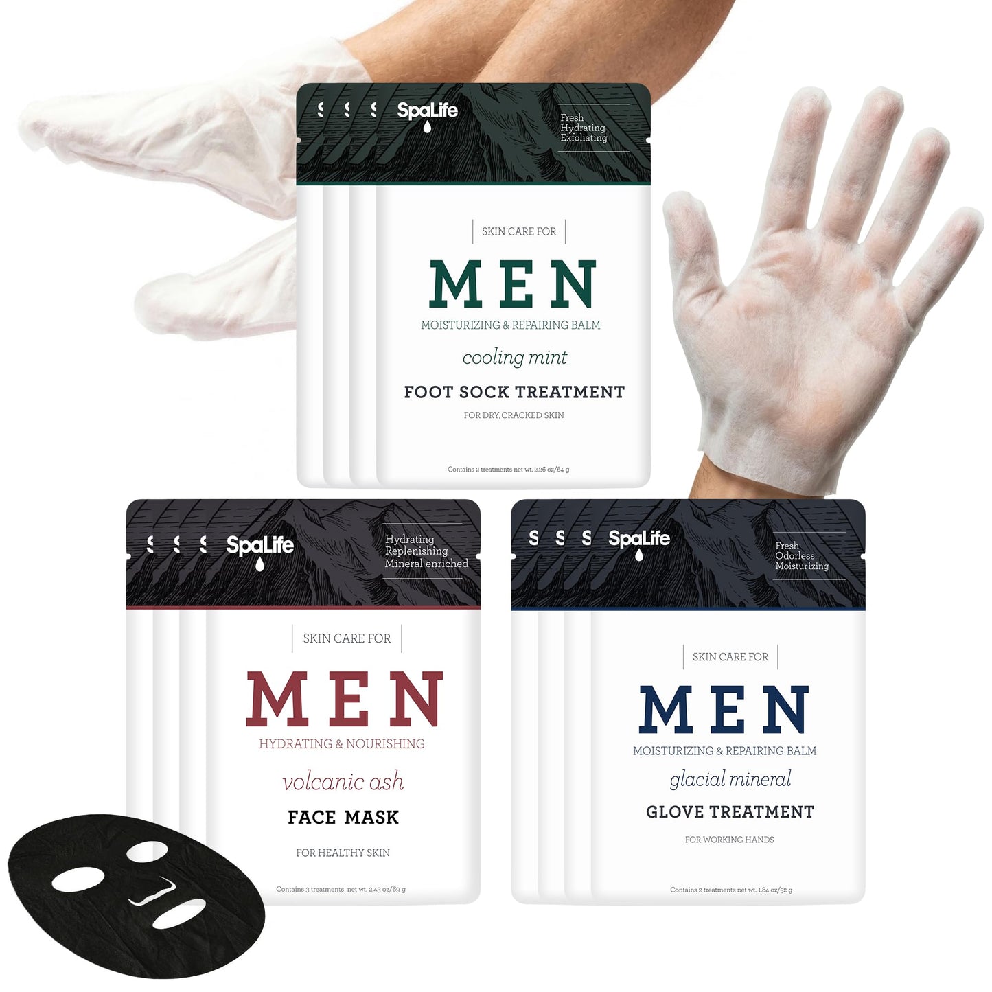 SpaLife Men's 12-Piece Spa Set | Fathers Day Gifts | Repairing Hand Gloves for Dry Hands, Cooling Mint Foot Socks for Cracked Heels, and Moisturizing Face Mask