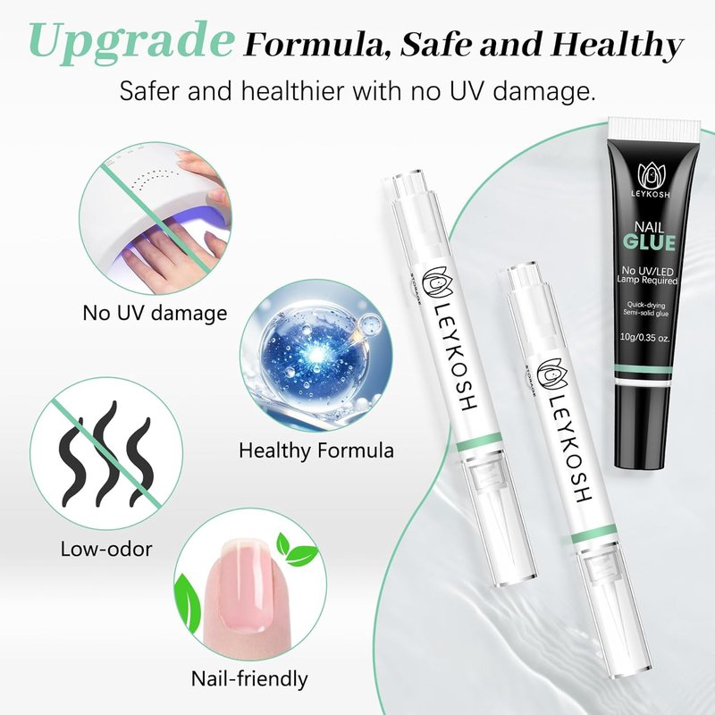 Leykosh Nail Glue - Quick Dry 10g & 2x5ml Remover Pens | 28+ Days Strong Hold, Damage-Free Finish