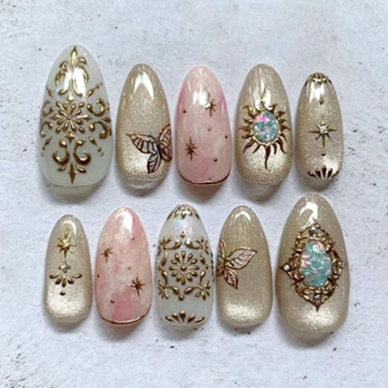 Skiennix 30Pcs Almond Press-On Nails - 3D Gold Star Design, Glossy Full Cover, Reusable & Stylish