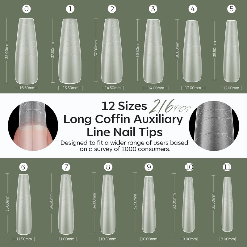 modelones Long Coffin Guiding Line Nail Tips, Soft Gel Tips Fake Nails False Acrylic Extensions Seamless Accurate Positioning Scale Line, Full Matte Professional Nail Salon 216PCS 12Sizes
