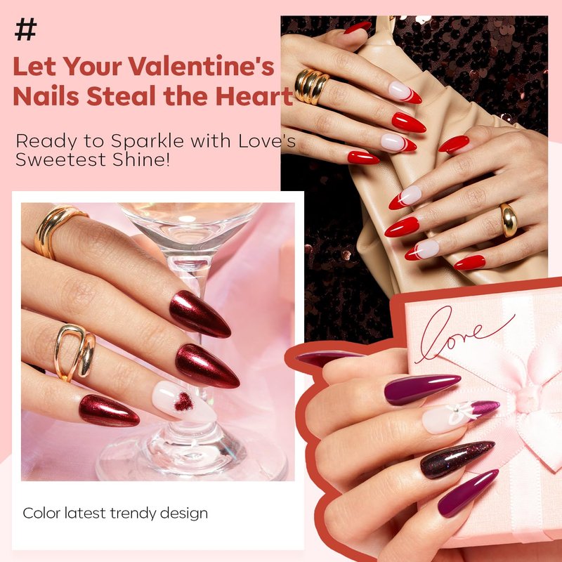 modelones Nail Polish Set 6 Colors, Dark Red Valentines Cat Eye Burgundy Glitter Quick Dry Mini Nail Lacquer Kit Magnetic Maroon Purple Cherry DIY Home Nail Art Manicure Gifts for Women Girls