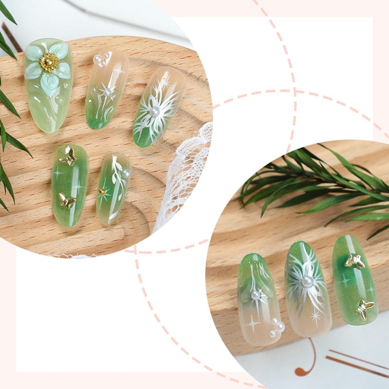 Skiennix 30pcs Green Press-On Nails - Medium Almond Shape with 3D Floral & Rhinestone Design