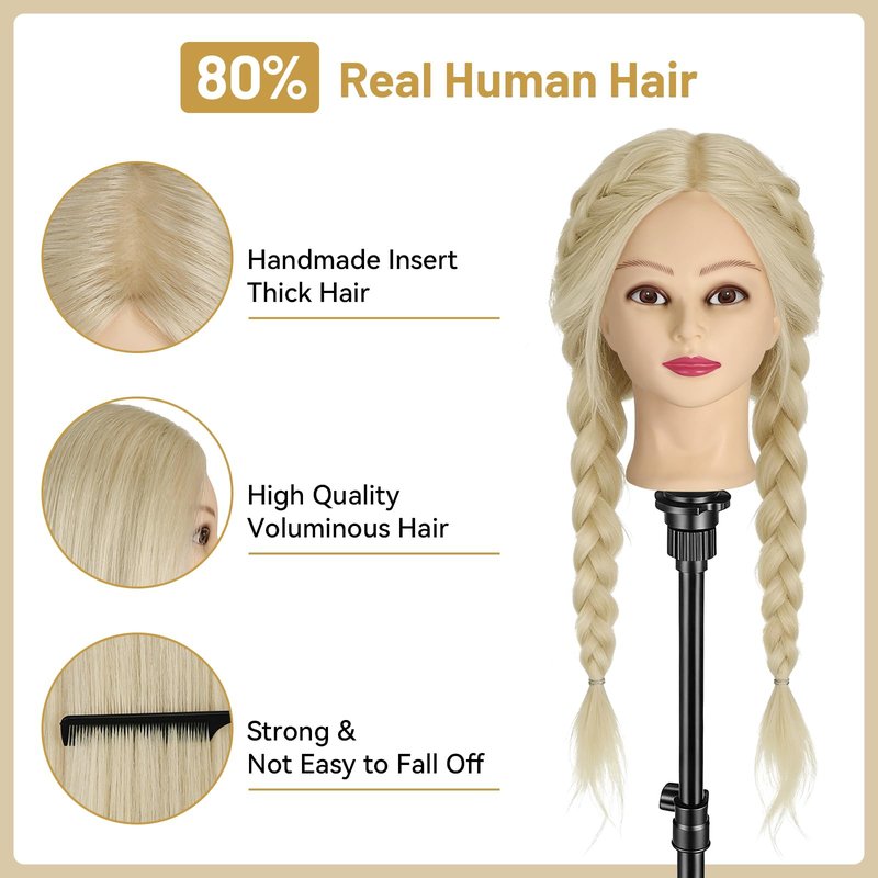 Mannequin Head with 90% Human Hair, 24" Hair Doll Head for Cosmetology & Hairdresser,Real Hair Manikin Doll Styling Head,Hairdressing Training Braiding Head with Table Clamp+Styling Set