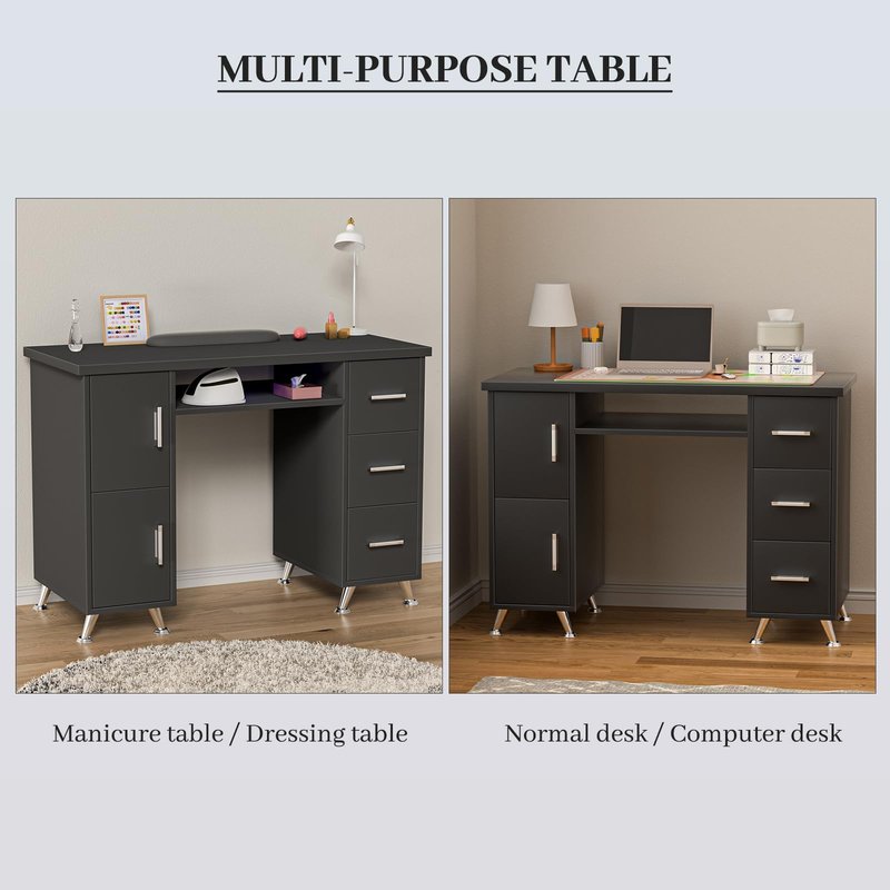Charmmade Black Nail Desk for Nail Tech with Drawers, Acetone Resistant Manicure Table Nail Tech Desk Storage Cabinet, Open Drawer, Wrist Pad, Metal Legs, for Beauty, Salon, Spa Makeup
