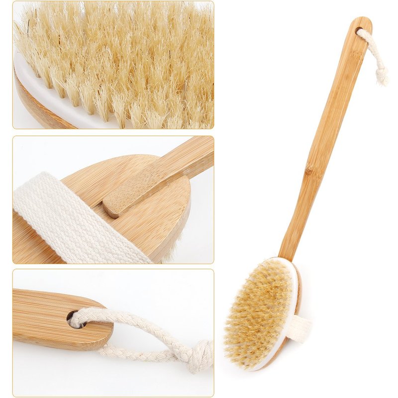 Bath Body Brush & Shower,Dry Skin Brushing with 100% Natural Boar Bristles & 16 inches Long Bamboo Detachable Handle,Back Scrubber for Exfoliates & Stimulates Blood Circulation-by Qlben