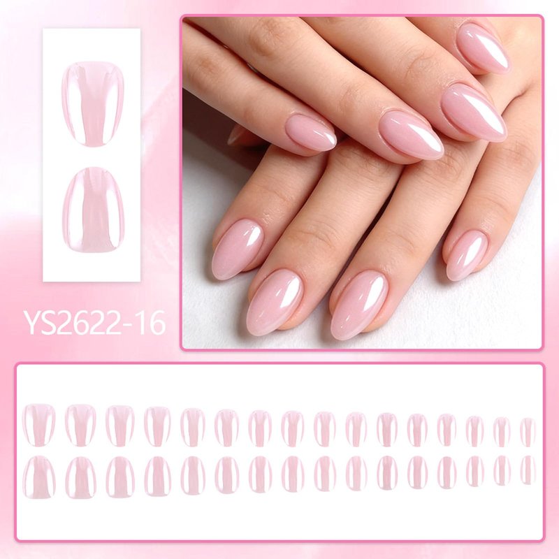 Pink Press On Nails Short Almond Fake Nails Chrome With Metal Mirror Design Artificial Glossy Acrylic Nails Glossy Full Cover False Nail Cute Stick On Nail For Women Manicure Decoration 32pcs