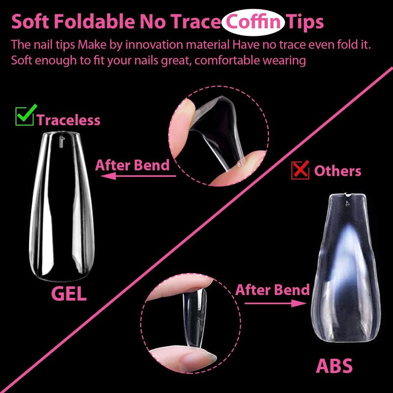 Long Coffin Nail Tips - 504pcs Clear Gel Nail Extensions | Pre-shaped Full Cover Acrylic Press-On Nails in 12 Sizes