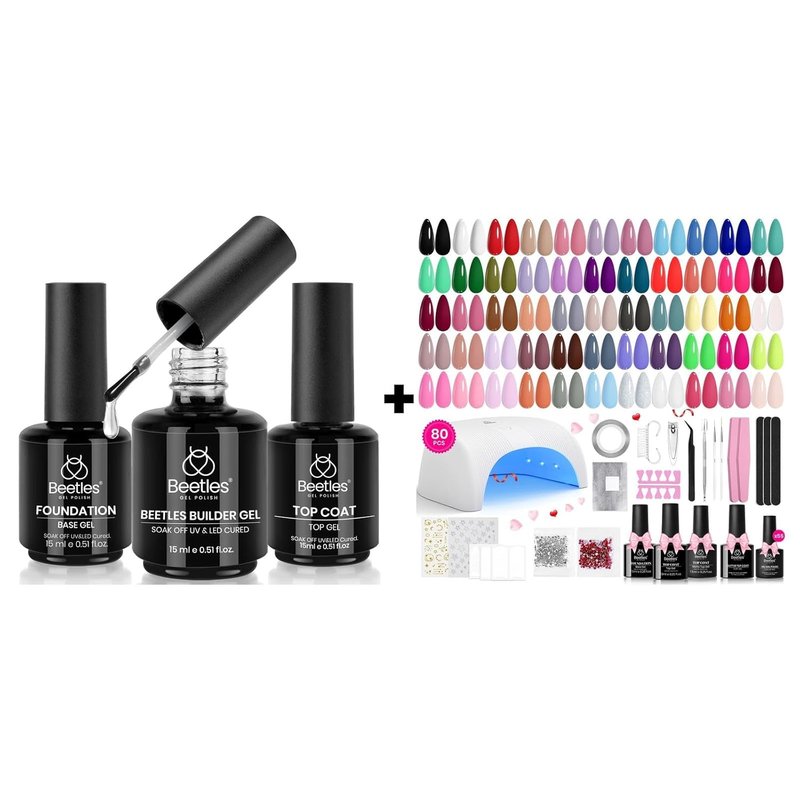 Beetles 3Pcs 15ml Builder Nail Gel with No Wipe Top Base Coat Halloween Set for Nails & 80Pcs Fall Nail Fest Color Enchantment 55 Colors Gel Polish Starter Kit with Base Top Coat