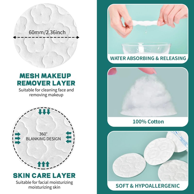 Premium Cotton Rounds for Face, 300 Count Makeup Remover Pads, 100% Pure & Natural Facial Cleansing Round Pads, Hypoallergenic, Lint-Free