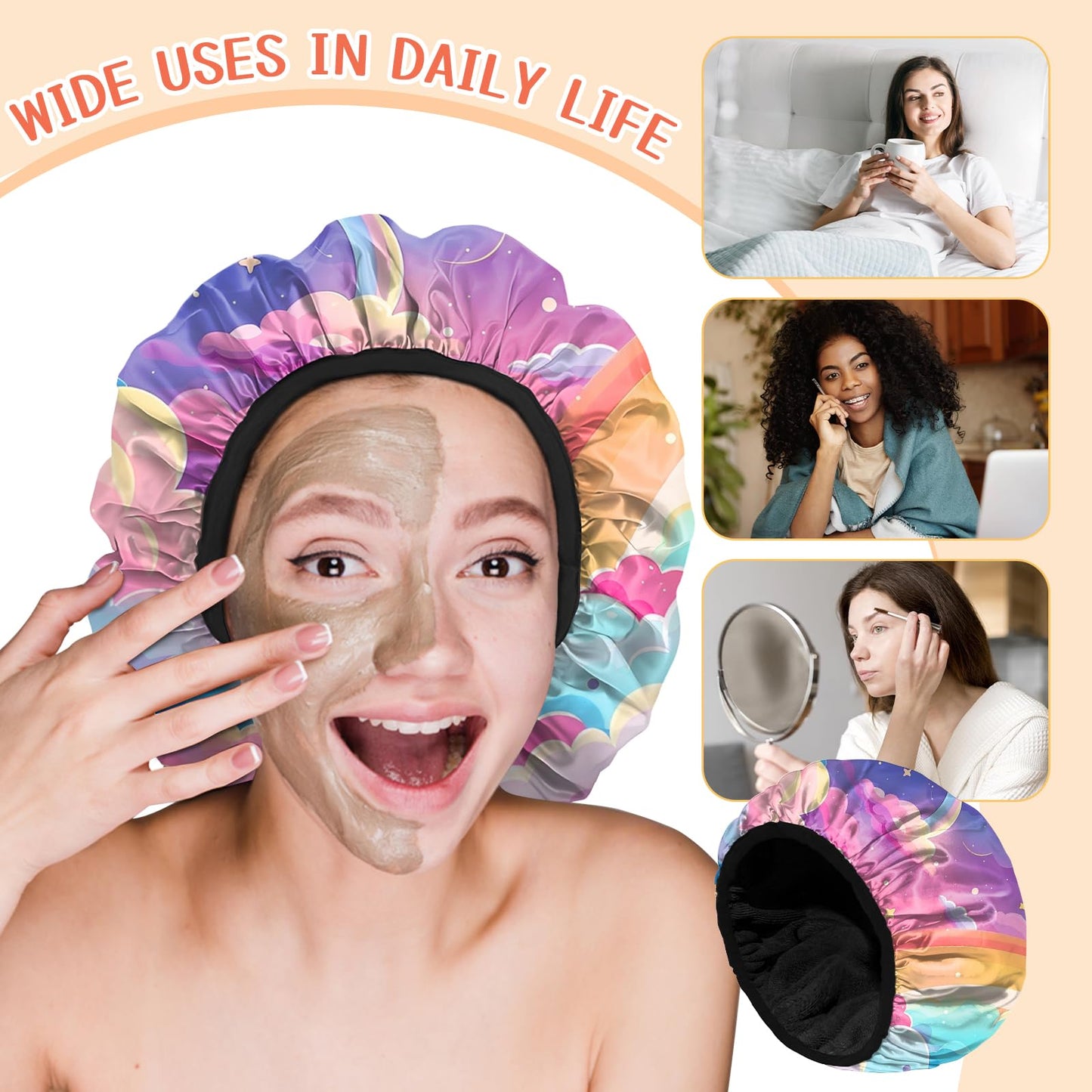 Cabreche Luxury Shower Cap Terry Lined Reusable Triple Layer Waterproof Hair Elastic Caps Shower Bath Hat for Women Girls Cute Aesthetic-Pink Cloud