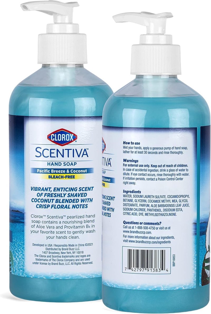 Clorox Scentiva Liquid Hand Soap - Pacific Breeze & Coconut Scent | Bleach-Free, Aloe Vera, 14 Fl Oz - 2 Pack