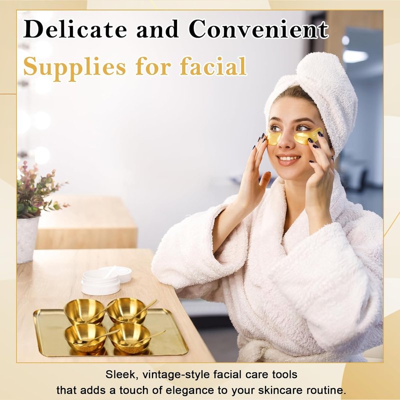 Gold Facial Supplies Set - 9 Pcs Skincare Tray with 4 Stainless Steel Mixing Bowls & Spoons | Spa Essentials for Estheticians