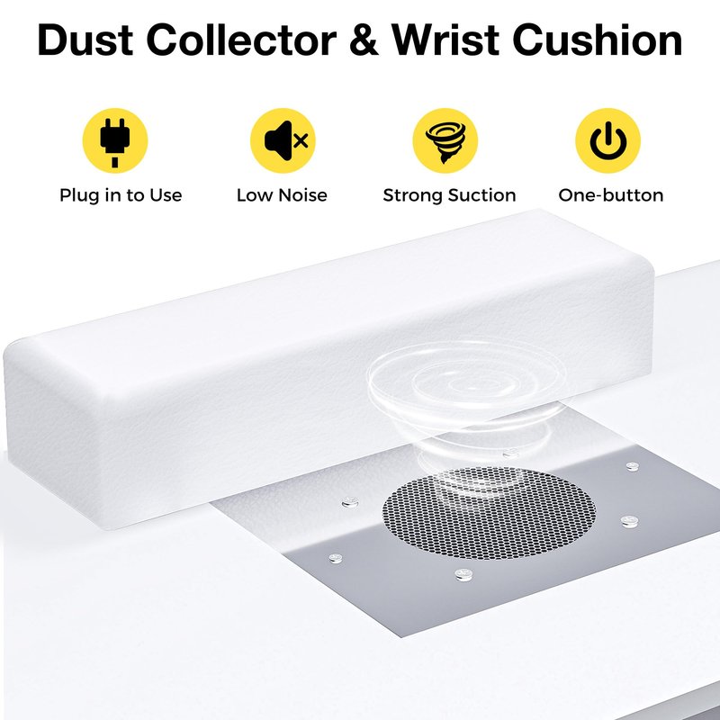 Kikihouse Manicure Table with LED Light, Nail Desk Nail Tech Table w/Dust Collector & Charging Station, Nail Station w/Removable Acrylic Storage Shelf, Drawers & Glass Door Cabinet, White