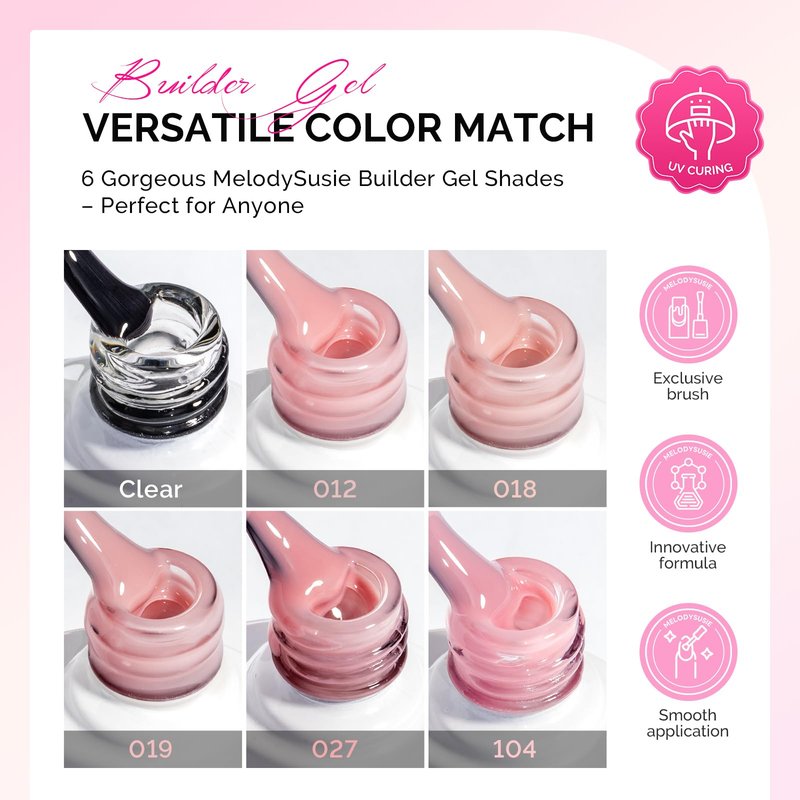 MelodySusie Builder Gel Nail Polish Set, Base Colors Nude Pink Clear 8 in 1 Nail Thickening Rubber Base Gel Polish,Soak Off UV Extension,Rhinestone Nail Glue in a Bottle Gift for Women 6 Colors