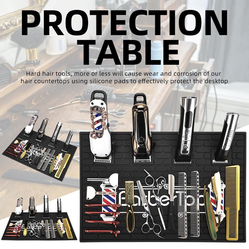 Magnetic Barber Mat for Clippers, 17.7 x 11.8 in, 4 Strong Magnetic Organizer Stations for Heavy Clippers and Trimmers, Professional Anti-Slip Rubber Heat Resistant Barber Table Mat for Hairstylist