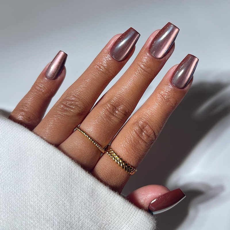 Glamnetic Press On Nails - Brown Medium Coffin Fake Nails with a Velvet Finish | Salon Quality Vacation Nails | Espresso Glow |15 Sizes - 30 Nail Kit with Glue