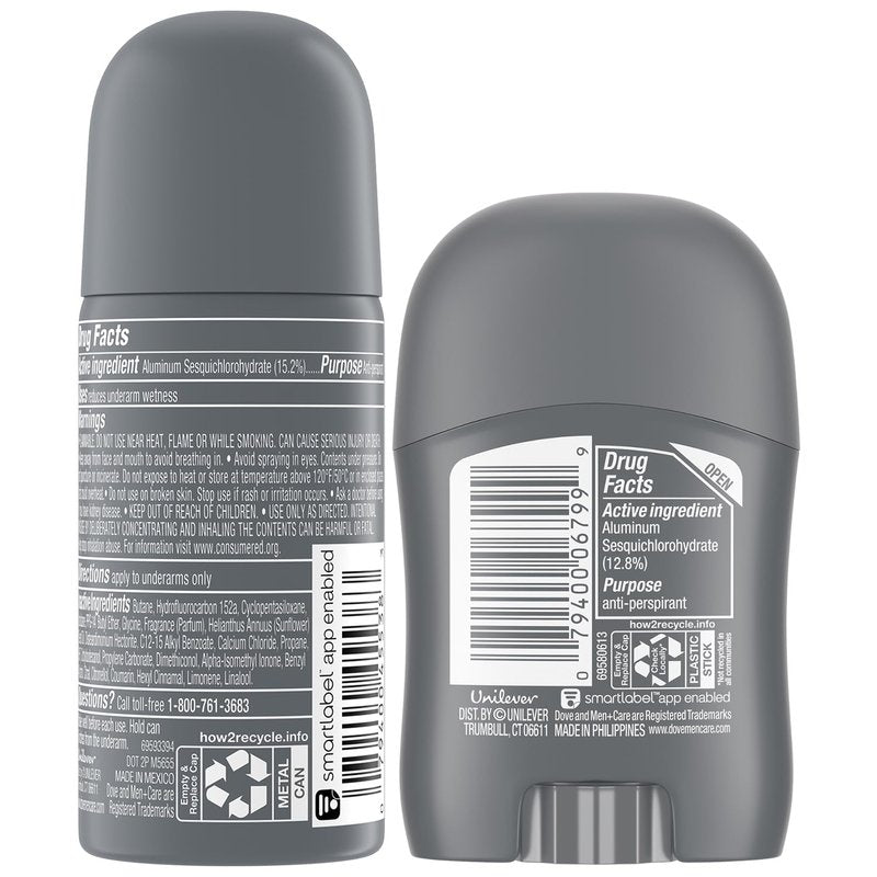 Dove Men’s Antiperspirant Spray & Stick Set - Clean Comfort 72H Protection | Travel Size (4 Pieces)