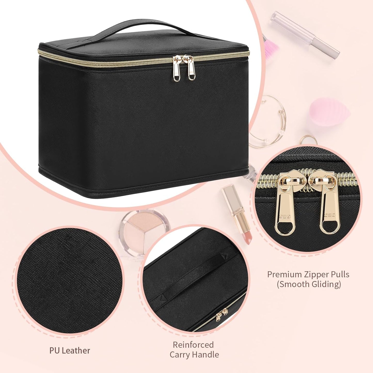 Travel Makeup Bag Organizer - Large Capacity Cosmetic Case with Divider & Handle | Black