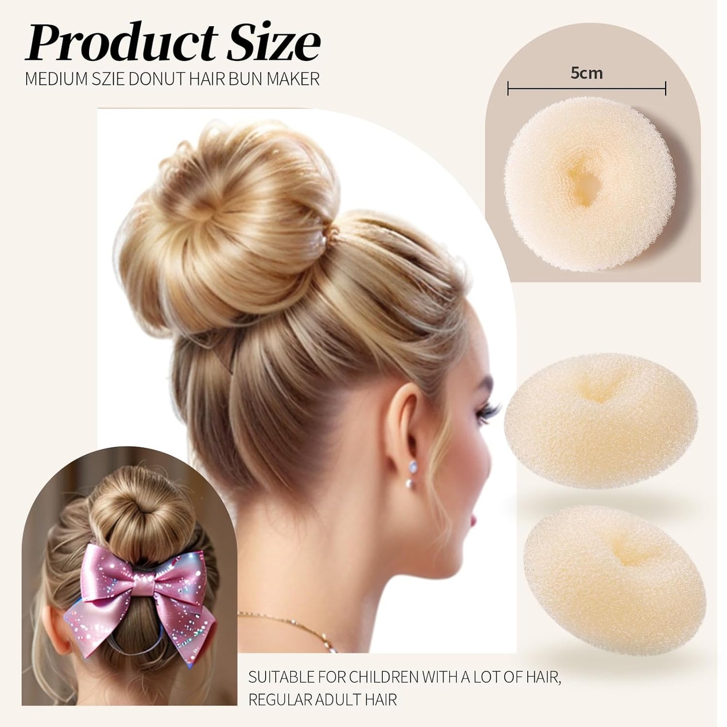 Teenitor Hair Bun Maker Kit - 4 Medium Size Donut Bun Makers with 10 Invisible Hair Nets & Bobby Pins | Beige