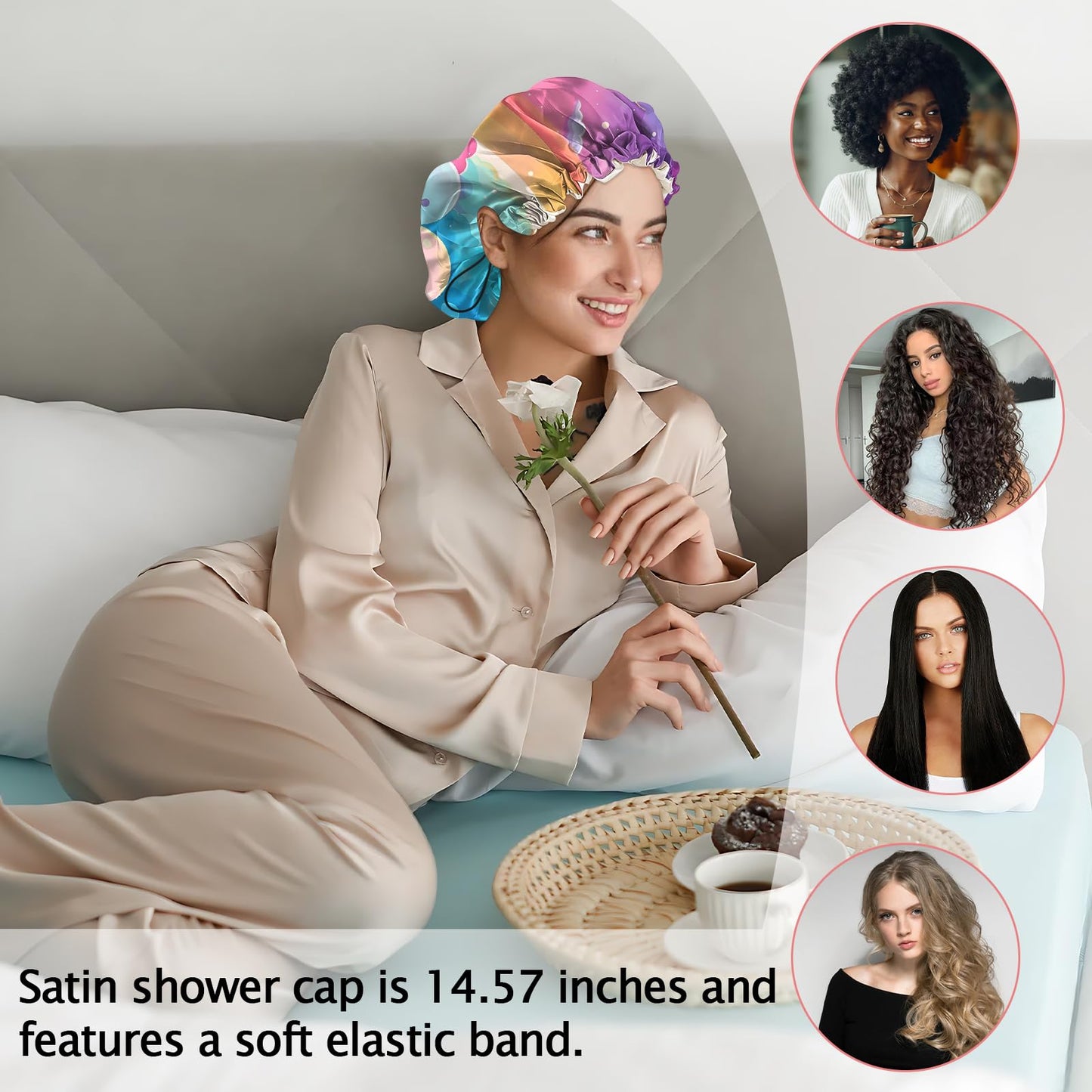 Cabreche Luxury Shower Cap Satin Silk Lined Adjustable Elastic Reusable Waterproof Shower Bath Cap Cute for Women Girls-Pink Cloud